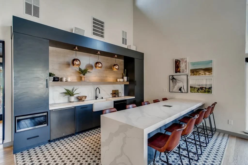 Clubhouse lounge kitchen with bar seating