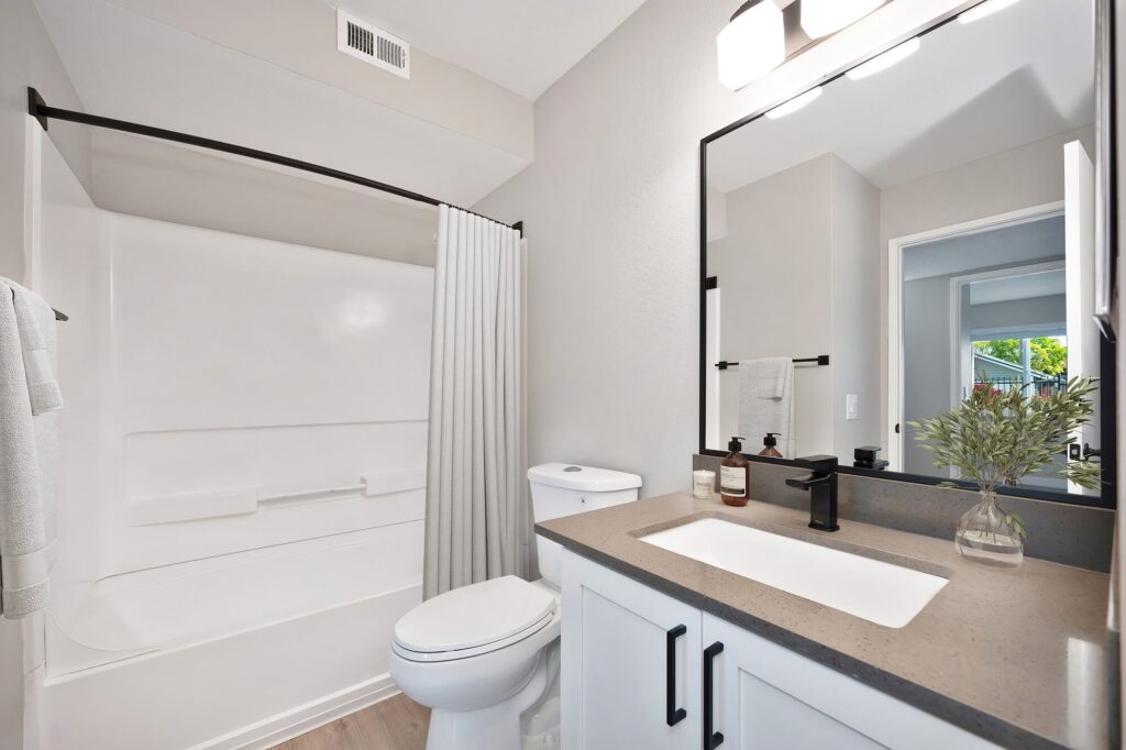 Modern renovated bathroom with vanity, mirror, and shower with black accents.